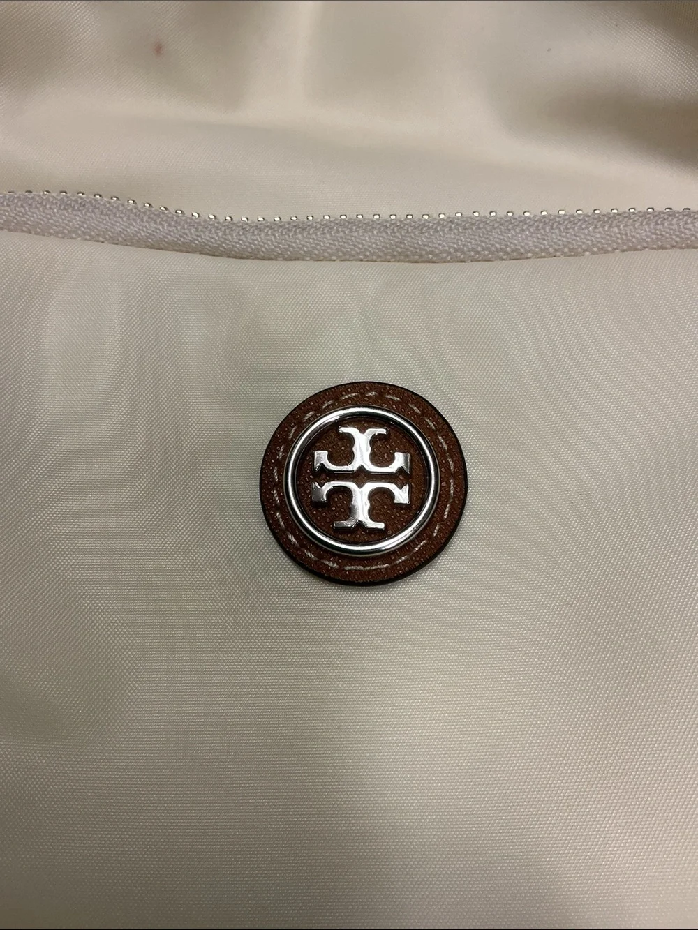 Tory Burch Cream Drawstring Bucket Bag with Brown Trim